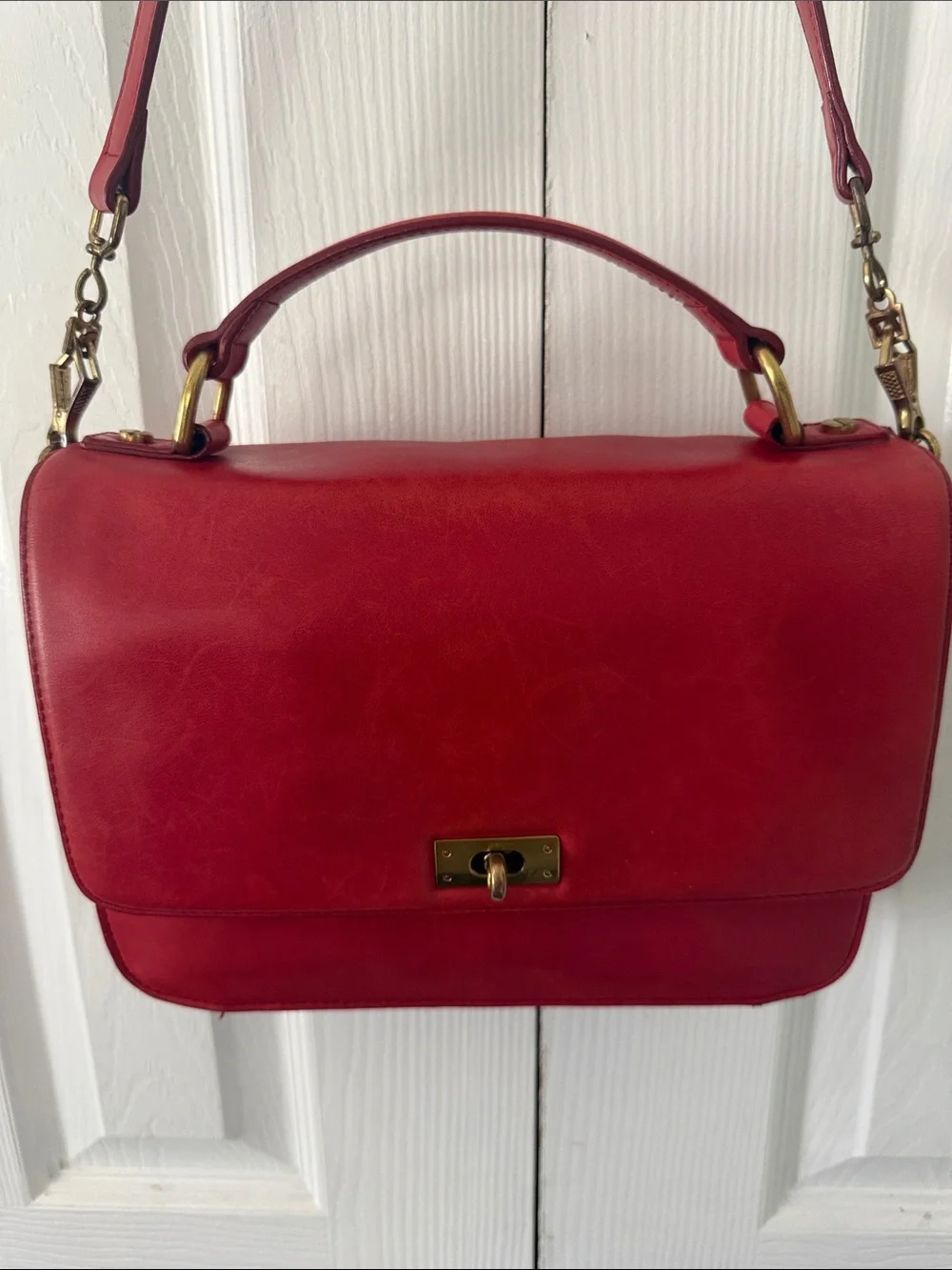 J. Crew Red Leather Top-Handle Satchel with Shoulder Strap Model 2011